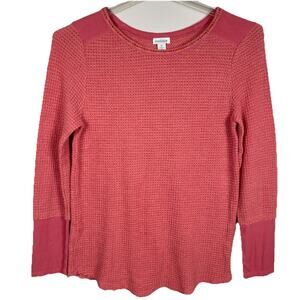 SUNDANCE Waffle Knit Shirt Top Size M Coral Pink Velvet Trim Thermal Boho Hippie